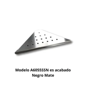 Esponjera esquina A6055SSN chapa acero inoxidable AISI304 espesor 1,0mm acabado negro mate dimensiones 225×105×18mm compacta peso 0,240kg resistencia oxidación superior 400h cámara nieblas salinas colocación pastillas jabón productos aseo ducha hotel restaurante baños duchas bañeras formato esquina optimización espacio diseño contemporáneo elegancia sofisticada profesional colectividades durabilidad extrema construcción robusta limpieza simplificada sin rejilla capacidad generosa