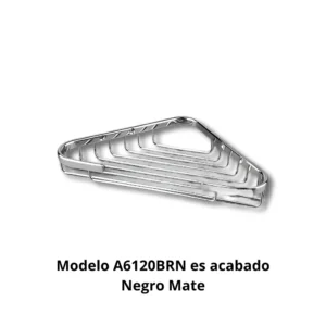 Jabonera esquina rejilla ampliada A6120BRN armazón pletina latón semicircular 5×10mm rejilla varilla latón Ø3mm acabado negro mate dimensiones ampliadas 240×150×30mm peso 0,275kg resistencia oxidación superior 400h cámara nieblas salinas colocación pastillas jabón múltiples productos aseo ducha hotel restaurante baños duchas amplias bañeras formato esquina ampliado optimización espacio diseño contemporáneo elegancia sofisticada profesional colectividades durabilidad construcción robusta drenaje agua capacidad superior generosa