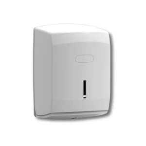 Dispensador papel mecha C4040PLW Altea ABS blanco aditivo antiestático repele polvo cerradura llave seguridad ranura visualización contenido dimensiones 222×222×320mm capacidad rollos Ø210mm alta frecuencia uso baños hoteles restaurantes instalaciones profesionales control acceso consumibles