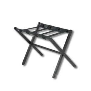 Soporte maletas F4010WRN Complementos auxiliares madera roble lacada acabado negro 4 cintas nylon 47mm dimensiones 570×625×445mm peso 2,375kg diseño plegable habitaciones hotel elegante contemporáneo protección equipaje altura ergonómica acceso cómodo estabilidad robustez categoría media-alta boutique apartamentos turísticos profesional durabilidad integración decoración moderna minimalista