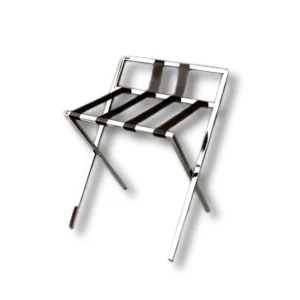 Soporte maletas F4050CHP tubo acero cuadrado 20×20mm espesor 1,0mm respaldo incorporado protección paredes acabado lacado color carta RAL personalizable cintas polipropileno 50mm ancho negro capacidad carga 40kg dimensiones abierto 550×520×690mm plegado 550×50×860mm peso 2,5kg hotel boutique decoración personalizada integración estética protección daños profesional plegable compacto