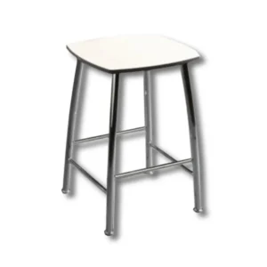 Taburete baño I7050CHP Asistenciales estructura tubo acero Ø20mm espesor 1,0mm recubrimiento baño cromo pulido brillo asiento resina fenólica acabado blanco crema capacidad carga dinámica 100kg dimensiones 310×310×460mm peso 3,12kg hotel colectividades material fenólico inerte oxidación deterioros químicos ambientes húmedos base estable prevención volcado seguridad máxima durabilidad profesional accesibilidad centros sanitarios