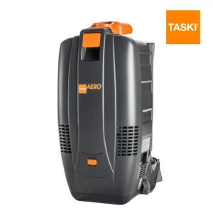 Aspirador mochila TASKI AERO BP mostrando diseño ultraligero 3 en 1 para escaleras y espacios estrechos con máxima agilidad
