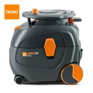 Aspirador TASKI AERO 15 Plus mostrando modo ECO, recogida automática de cable y pedal de encendido para máxima eficiencia operativa