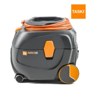 Aspirador TASKI AERO 15 con tecnología Whisper patentada mostrando diseño compacto y ultra silencioso para limpieza profesional