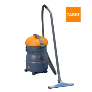 Aspirador TASKI Vacumat 22 mostrando gran capacidad 22L-28L con sistema flotador dual para espacios industriales amplios