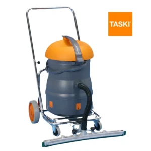 Aspirador TASKI Vacumat 22T con trolley integrado y gomas de secado fixomat mostrando sistema completo para máxima productividad operativa