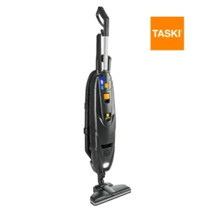 Aspiradora vertical TASKI AERO UP mostrando diseño ultraligero con motor digital brushless y batería de 1 hora de autonomía