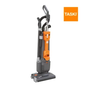Aspiradora vertical TASKI Jet 38 mostrando sistema dual motor y cepillo rotativo 5000rpm para limpieza profunda de alfombras comerciales