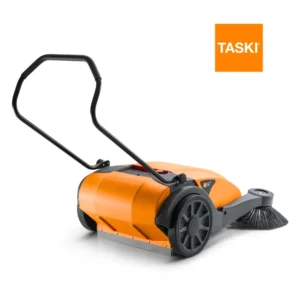 Barredora TASKI balimat 1600 Pro mostrando sistema de aspiración integrada y tolva desmontable de 40 litros