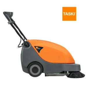 Barredora TASKI balimat 2300 mostrando sistema Twin Roller patentado y batería 12V 50Ah para autonomía extendida