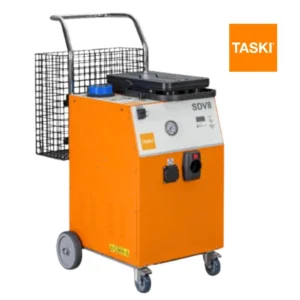 Equipo vapor TASKI Steam SDV8 mostrando sistema 3 en 1 con vapor 8 bar, inyección detergente y aspiración integral para limpieza completa