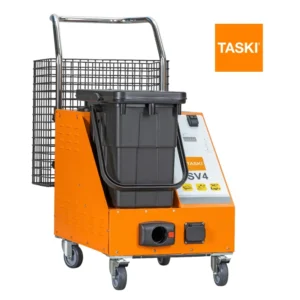 Equipo vapor-aspiración TASKI Steam SV4 mostrando sistema dual con vapor 4.5 bar y aspiración 850W para secado instantáneo