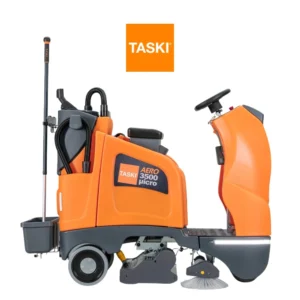 Fregadora TASKI AERO 3500μicro mostrando sistema de doble cepillo cilíndrico y tecnología Whisper para máxima productividad silenciosa