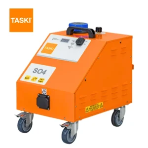 Generador vapor TASKI Steam SO4 mostrando diseño ultracompacto con llenado continuo y máxima portabilidad para espacios reducidos