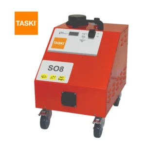 Generador vapor TASKI Steam SO8 mostrando potencia 8 bar con regulador variable y diseño profesional para desinfección intensiva