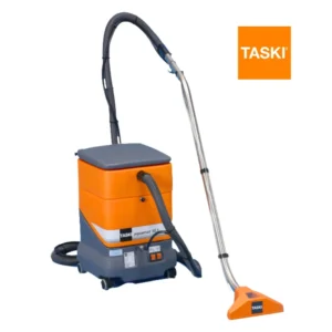 Inyectora-extractora TASKI Aquamat 10.1 mostrando diseño compacto multifuncional para alfombras y suelos duros con máxima transportabilidad