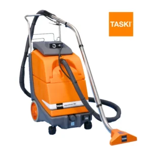 Inyectora-extractora TASKI Aquamat 20 mostrando versatilidad multipropósito para alfombras y suelos duros con máxima flexibilidad operativa