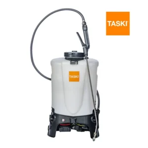 Pulverizador mochila TASKI Sprayer BP15 Li-Ion mostrando fabricación suiza, batería 18V y diseño ergonómico para desinfección profesional