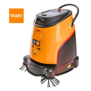 Robot aspirador TASKI GS Ecobot 40 mostrando triple función aspiración-barrido-polvo con filtro HEPA H13 de serie para limpieza autónoma