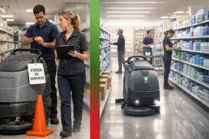 personal de supermercado trabajando con una fregadora industrial al lado de bateria de litio