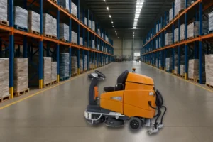 Nave logística con pasillo central limpio, entorno real de uso de fregadoras industriales que ilustra el TCO y la limpieza profesional en grandes superficies.