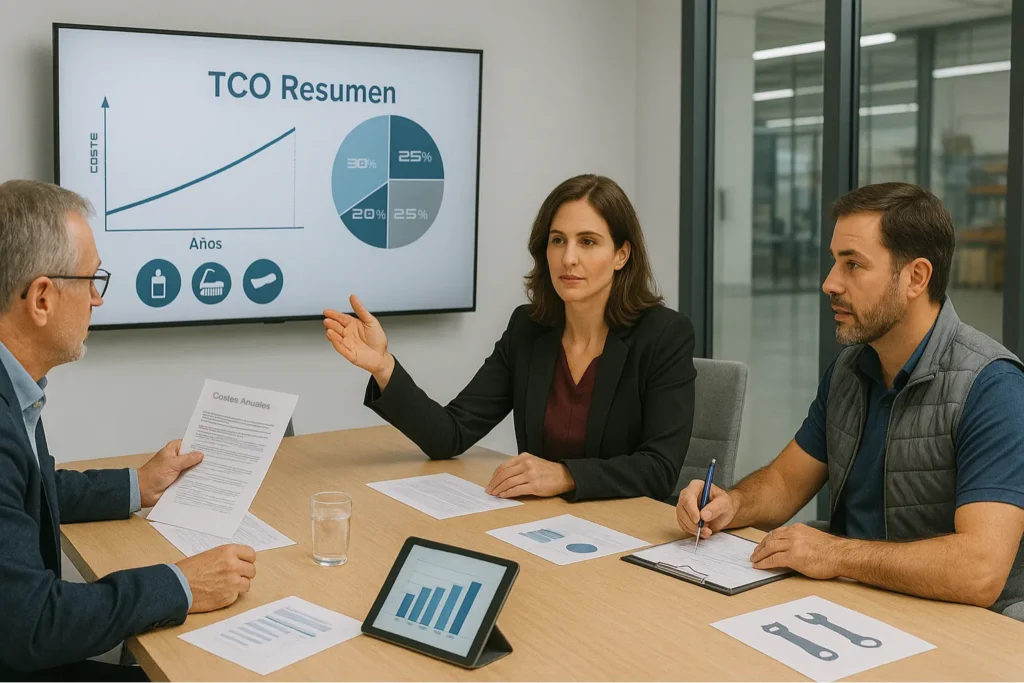 Reunión de directivos, incluida una responsable de operaciones, analizando gráficos de TCO y costes anuales de fregadoras industriales para tomar decisiones estratégicas de limpieza profesional.