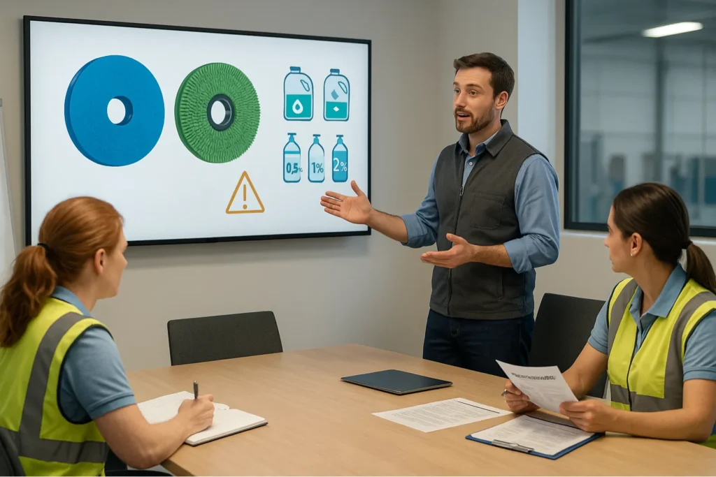 Equipo de limpieza profesional recibiendo formación técnica sobre pads y dosificación de detergente para mejorar el TCO y el mantenimiento preventivo de las fregadoras industriales.