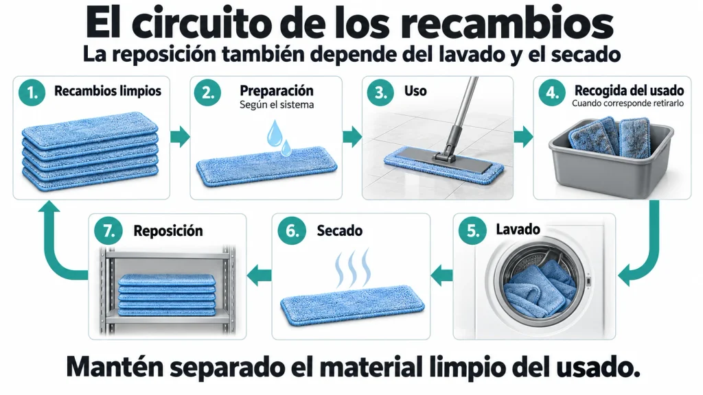 Circuito de mopas reutilizables: preparación, uso, recogida separada, lavado, secado y reposición de recambios limpios.