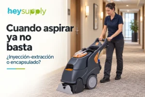 Limpieza de moquetas para equipos profesionales. Operaria limpiando una moqueta de hotel